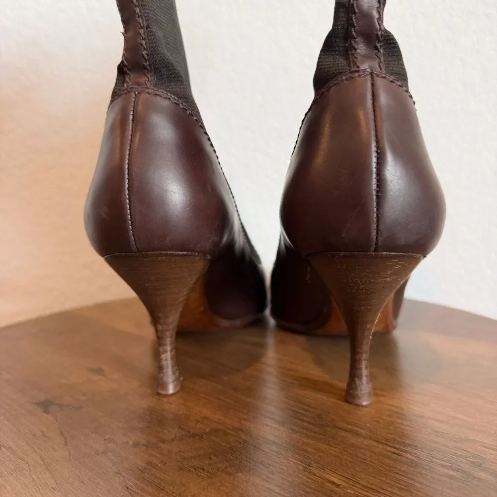 Yves Saint Laurent Brown Leather Pull-On Heeled Sock Bootie Women's Size 39 US 9